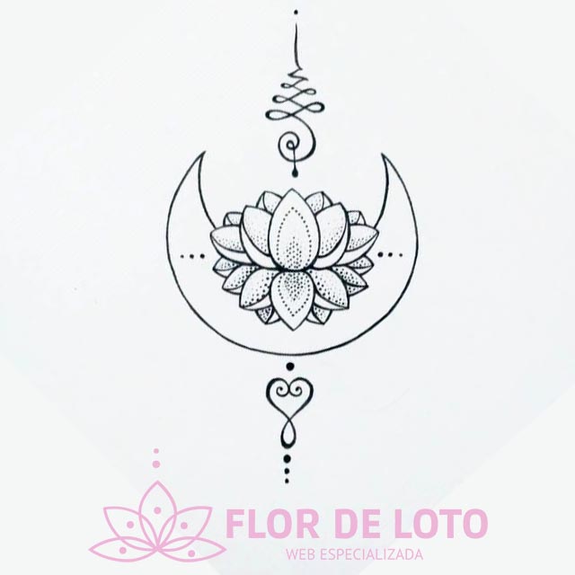 Flor de loto y unalome sobre luna en un tatuaje - Unalome con flor de loto sobre una luna - Diseño de Tatuaje