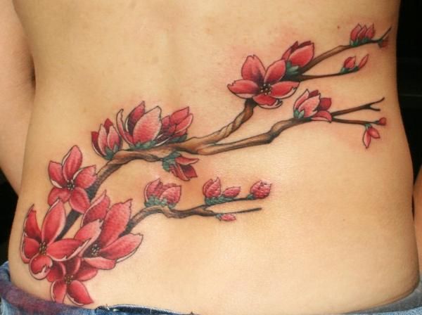 Chinese traditional cherry blossom branch lower back tattoo