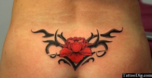 Red Rose Flower Vine Thorns Lower Back Tattoo